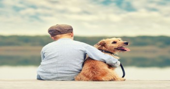 UK pet ownership falls to 56 per cent in 2017 mein bester Freund, Junge sitzt mit seinem Hund am Steg