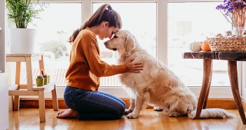 Scientists claim pets could spark a second wave of COVID-19 Woman hugging her golden retriever dog at home